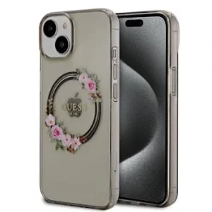 Husa Guess PC/TPU Flowers Ring Glossy Logo MagSafe pentru iPhone 14