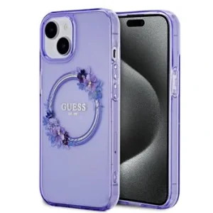 Husa Guess PC/TPU Flowers Ring Glossy Logo MagSafe pentru iPhone 15