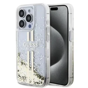 Husa Spate Guess PC/TPU Liquid Glitter Gold Stripe pentru iPhone 15 Pro Max GUHCP15XLFCSEGT Transparent