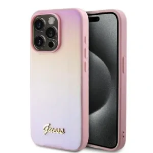 Husa Spate Guess PU Leather Iridescent Metal Script pentru iPhone 15 Pro Max GUHCP15XPSAIRSP Roz