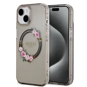 Husa Guess PC/TPU Flowers Ring Glossy Logo MagSafe pentru iPhone 15