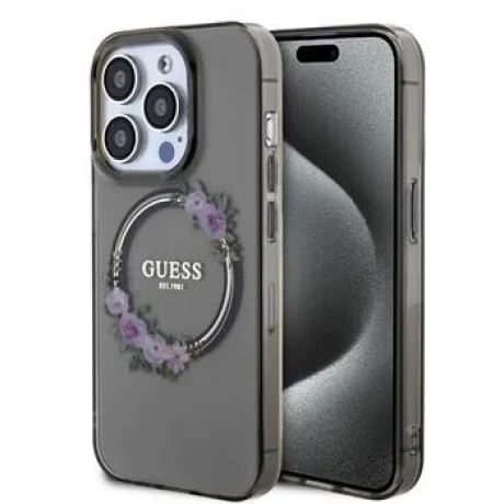 Husa Guess PC/TPU Flowers Ring Glossy Logo MagSafe pentru iPhone 14 Pro Negru