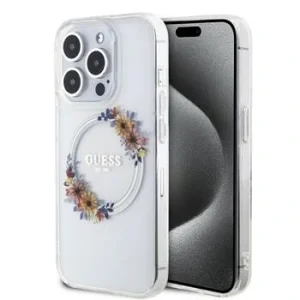 Husa Guess PC/TPU Flowers Ring Glossy Logo pentru iPhone 14 Pro Transparent