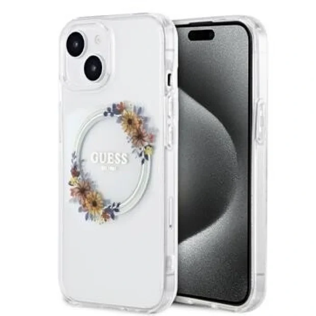 Husa Guess PC/TPU Flowers Ring Glossy Logo MagSafe pentru iPhone 14 Transparent