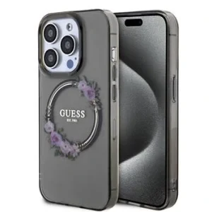 Husa Guess PC/TPU Flowers Ring Glossy Logo MagSafe pentru iPhone 15 Pro Max Negru