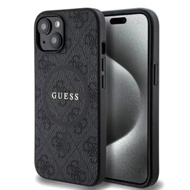 Husa Guess PU Leather 4G Colored Ring MagSafe pentru iPhone 15 Negru
