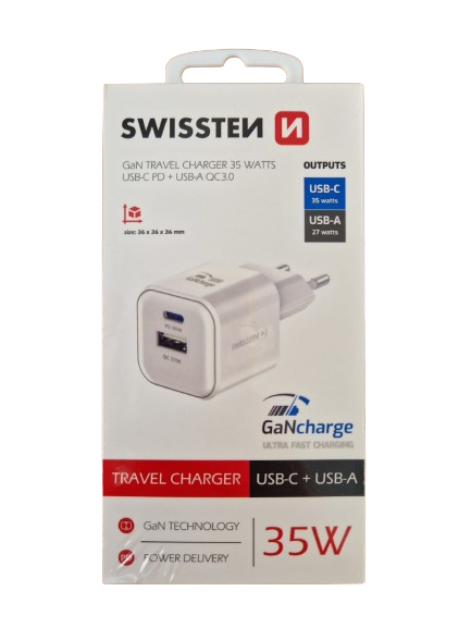 Incarcator retea Swissten GAN 1xUSB-C 35W PD + 1XUSB-A 27W QC, Alb thumb