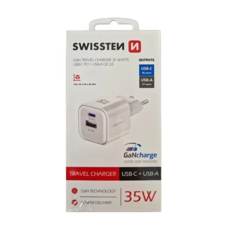 Incarcator retea Swissten GAN 1xUSB-C 35W PD + 1XUSB-A 27W QC, Alb