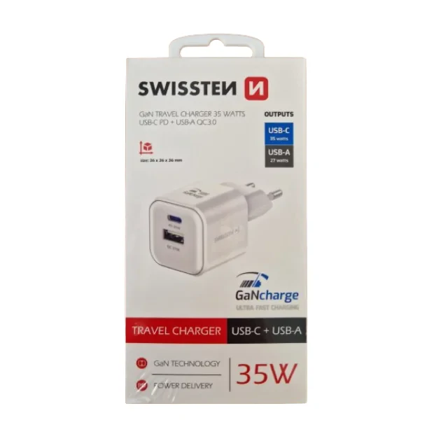 Incarcator retea Swissten GAN 1xUSB-C 35W PD + 1XUSB-A 27W QC, Alb