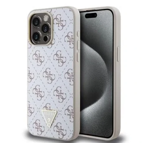 Husa Guess PU Leather 4G Triangle Metal Logo pentru iPhone 15 Pro Max White
