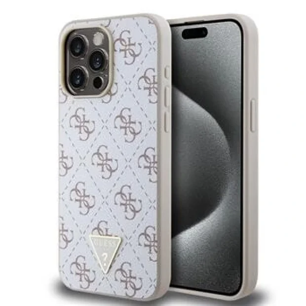 Husa Guess PU Leather 4G Triangle Metal Logo pentru iPhone 15 Pro Max White