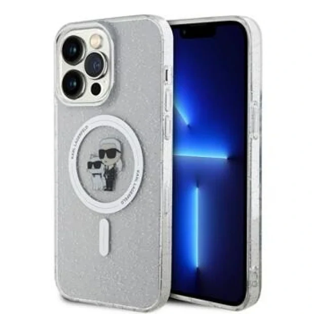 Husa Karl Lagerfeld IML Glitter Karl and Choupette MagSafe pentru iPhone 15 Pro Max Transparent
