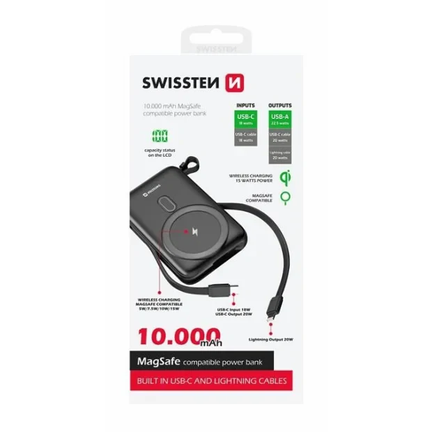 Baterie Externa Swissten 10000 mAh USB-C/Lightening 20W compatibil cu MagSafe Negru