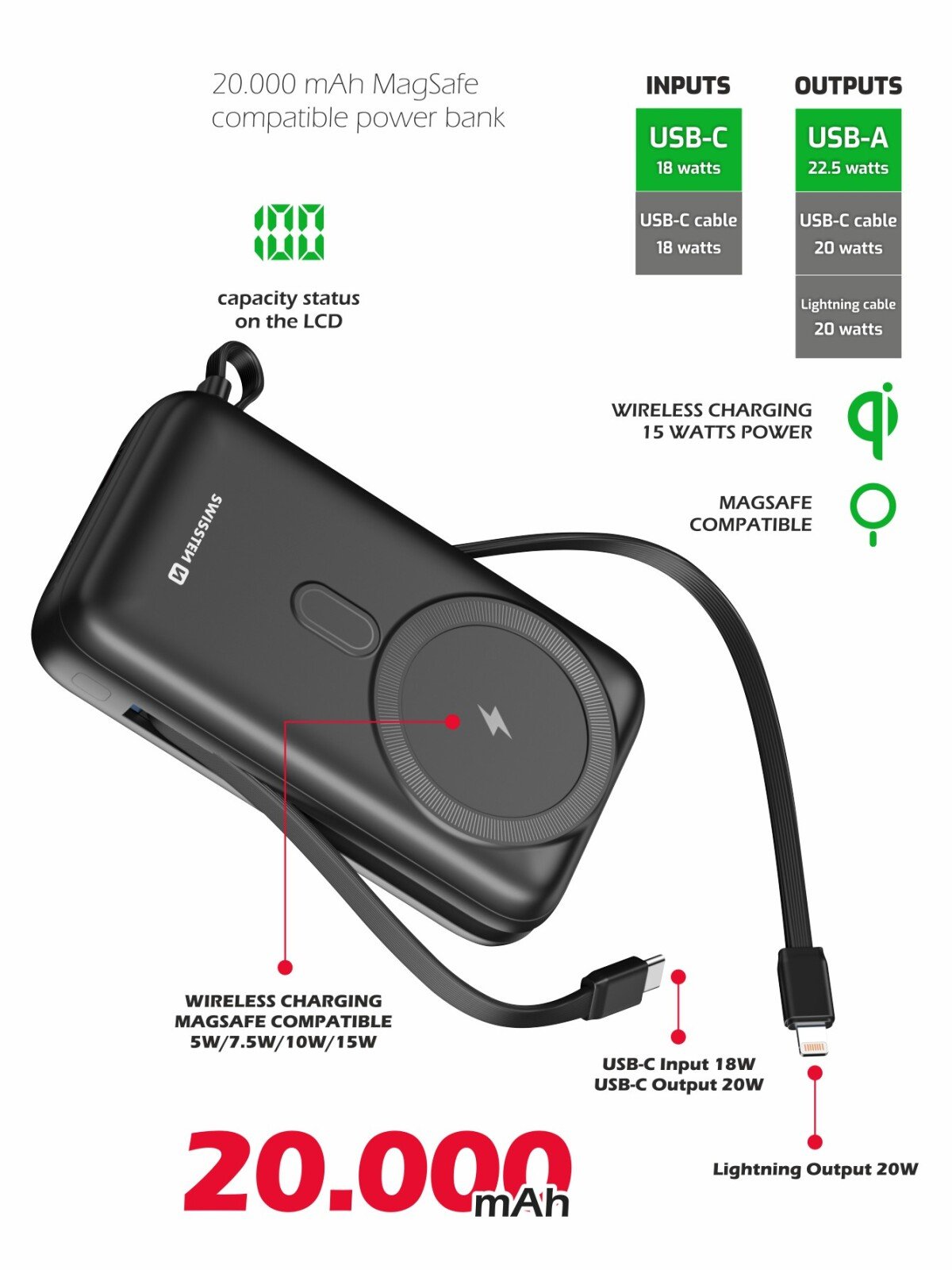 Baterie Externa Swissten 20000 mAh USB-C/Lightening 20W compatibil cu MagSafe Negru thumb