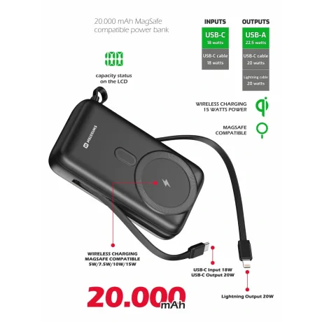 Baterie Externa Swissten 20000 mAh USB-C/Lightening 20W compatibil cu MagSafe Negru