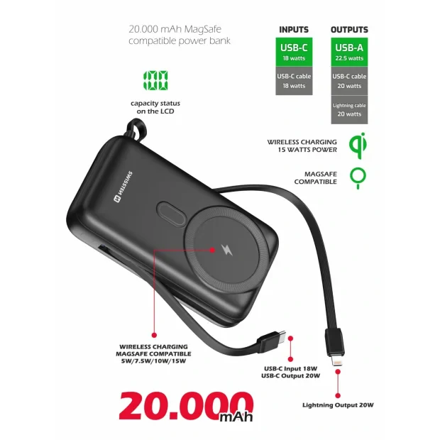 Baterie Externa Swissten 20000 mAh USB-C/Lightening 20W compatibil cu MagSafe Negru