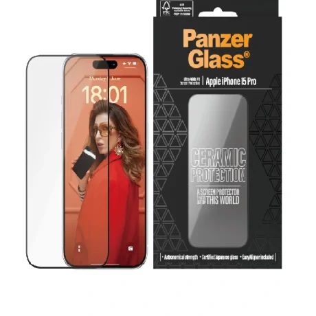Folie Sticla Ceramic Protection PanzerGlass pentru iPhone 15 Pro Negru