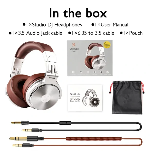 Casca OneOdio cu fir detasabil, tip over ear, utilizare profesionala, DJ, conectare prin Jack 3.5 mm | Jack 6.35 mm, difuzor 50 mm, impedanta 32 Ohm, argintiu | maro, &quot;Pro30&quot; (timbru verde 0.8lei)
