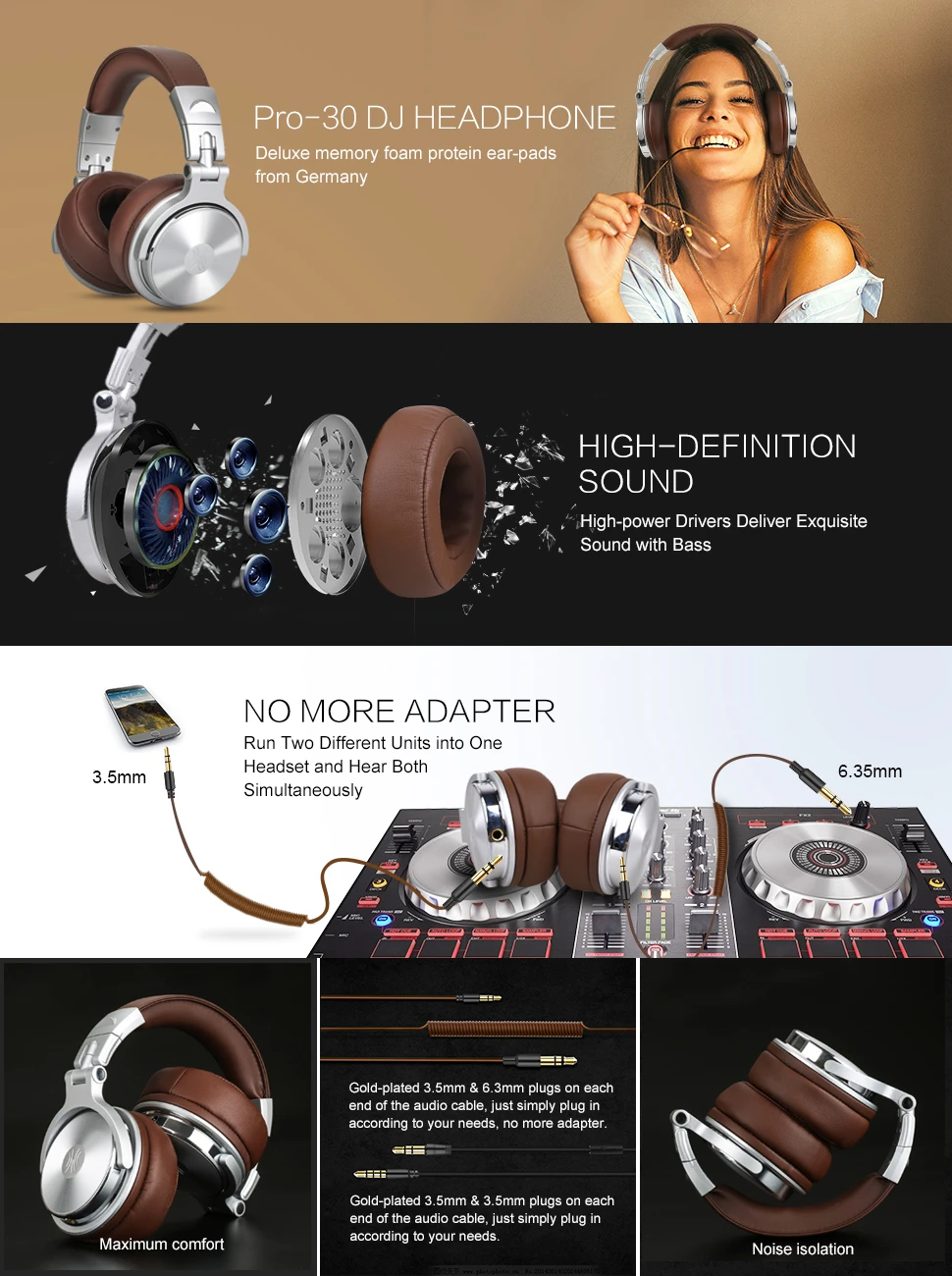 Casca OneOdio cu fir detasabil, tip over ear, utilizare profesionala, DJ, conectare prin Jack 3.5 mm | Jack 6.35 mm, difuzor 50 mm, impedanta 32 Ohm, argintiu | maro, "Pro30" (timbru verde 0.8lei) thumb