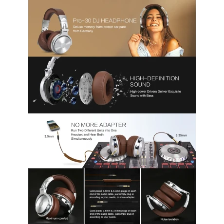 Casca OneOdio cu fir detasabil, tip over ear, utilizare profesionala, DJ, conectare prin Jack 3.5 mm | Jack 6.35 mm, difuzor 50 mm, impedanta 32 Ohm, argintiu | maro, &quot;Pro30&quot; (timbru verde 0.8lei)