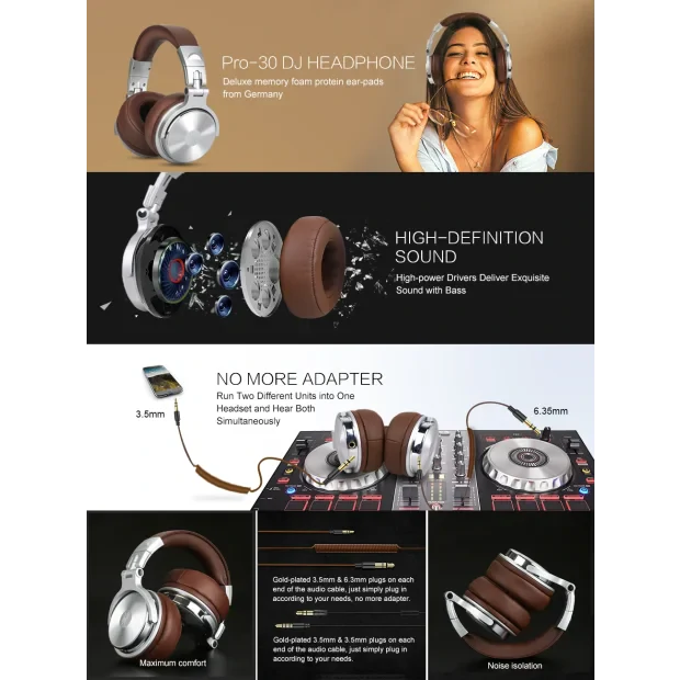 Casca OneOdio cu fir detasabil, tip over ear, utilizare profesionala, DJ, conectare prin Jack 3.5 mm | Jack 6.35 mm, difuzor 50 mm, impedanta 32 Ohm, argintiu | maro, &quot;Pro30&quot; (timbru verde 0.8lei)