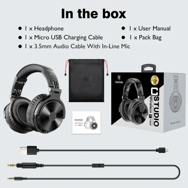 Casca OneOdio wireless, cu fir, tip over ear, utilizare multimedia, conectare prin Bluetooth 5.0 | Jack 3.5 mm | Jack 6.35 mm, difuzor 50 mm, impedanta 32 Ohm, acumulator 1000 mAh, negru, &quot;Pro-C-Black&quot; (timbru verde 0.8lei)