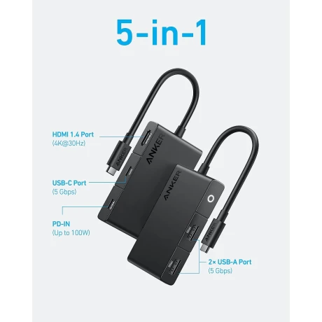 DOCKING Station Anker 5-in-1, porturi: HDMI (M) 4K 30Hz, 2 x USB 3.2 gen 1, USB Type-C, PD 100W, conectare prin USB Type-C (T), rata transfer 5 Gbps, ABS, negru, &quot;A8356G11&quot; (timbru verde 0.18 lei) - 0194644125639