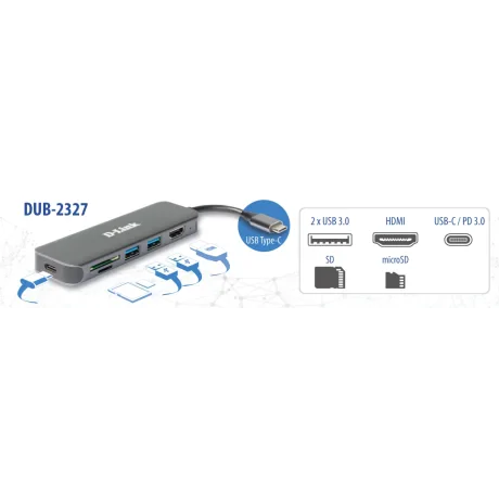 HUB extern D-LINK, porturi 2 x SuperSpeed USB 3.0, 1 x USB-C with data sync &amp; power delivery up to 60W, 1 x HDMI 4k,Dual-Slot SD/microSD/SDHC/SDXC Card Reader, conectare prin USB Type C, cablu 10 cm, metalic, argintiu &quot;DUB-2327&quot; (include TV 0.8lei)