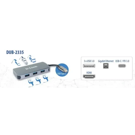 HUB extern D-LINK, porturi 3 x SuperSpeed USB 3.0, 1 x USB-C with data sync &amp;amp; power delivery up to 60W, 1 x HDMI 4k, 1 x RJ-45 Gigabit, conectare prin USB Type C, cablu 10 cm, metalic, argintiu &quot;DUB-2335&quot; (timbru verde 0.8 lei)