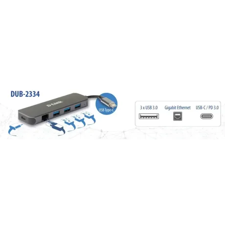 HUB extern D-LINK, porturi 3 x SuperSpeed USB 3.0, 1 x USB-C with data sync &amp;amp; power delivery up to 60W, 1 x RJ-45 Gigabit, conectare prin USB Type C, cablu 10 cm, metalic, argintiu &quot;DUB-2334&quot; (timbru verde 0.8 lei)