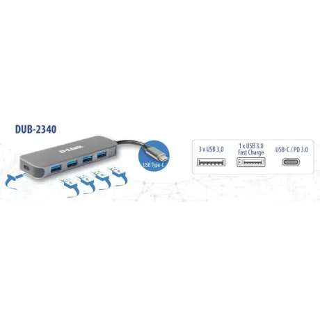 HUB extern D-LINK, porturi 3 x SuperSpeed USB 3.0, 1 x with Quick Charge, 1 x USB-C (Thunderbolt 3) port with data sync 60W, conectare prin USB Type C, cablu 10 cm, metalic, argintiu &quot;DUB-2340&quot; (timbru verde 0.8 lei)