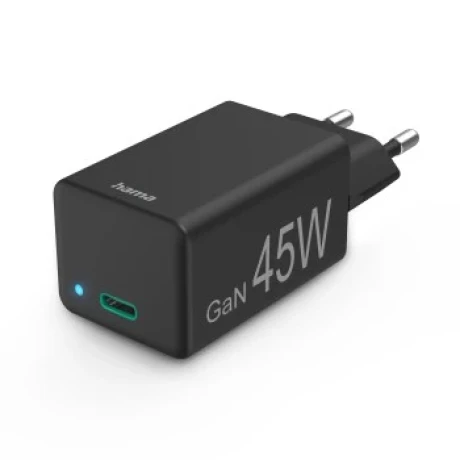 Fast Charger, USB-C, PD/QualcommR/GaN, Mini-Charger, 45 W, black