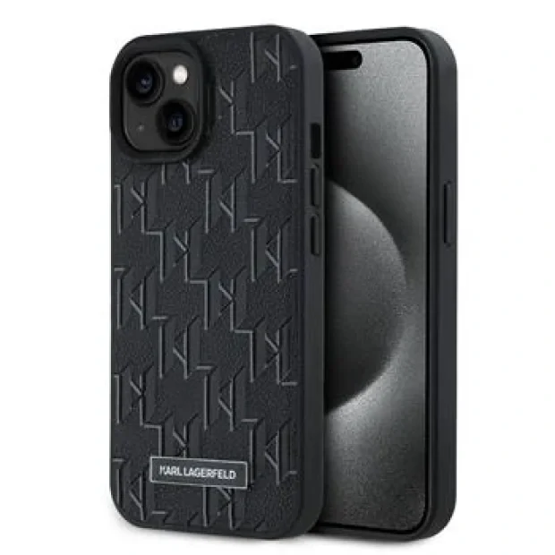 Husa Spate Karl Lagerfeld PU Leather Monogram Metal Logo Magsafe pentru iPhone 15 Negru