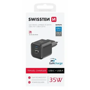 Incarcator Retea Swissten 1xUSB-C 35W 1xUSB-A 27W Negru