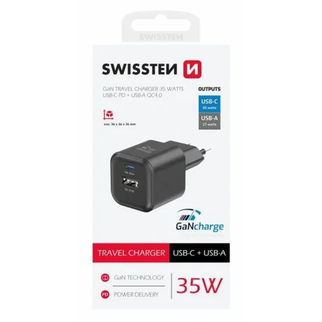 Incarcator Retea Swissten 1xUSB-C 35W 1xUSB-A 27W Negru