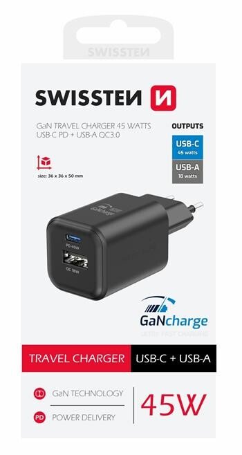 Incarcator Retea Swissten Gan 1x USB-C 45W PD+1XUSB-A 18W Negru thumb