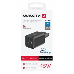 Incarcator Retea Swissten Gan 1x USB-C 45W PD+1XUSB-A 18W Negru
