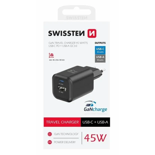 Incarcator Retea Swissten Gan 1x USB-C 45W PD+1XUSB-A 18W Negru