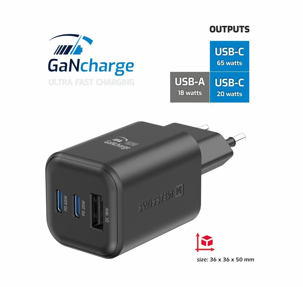 Incarcator Retea Swissten Gan 2x USB-C 65W PD+1XUSB-A 65W Negru thumb