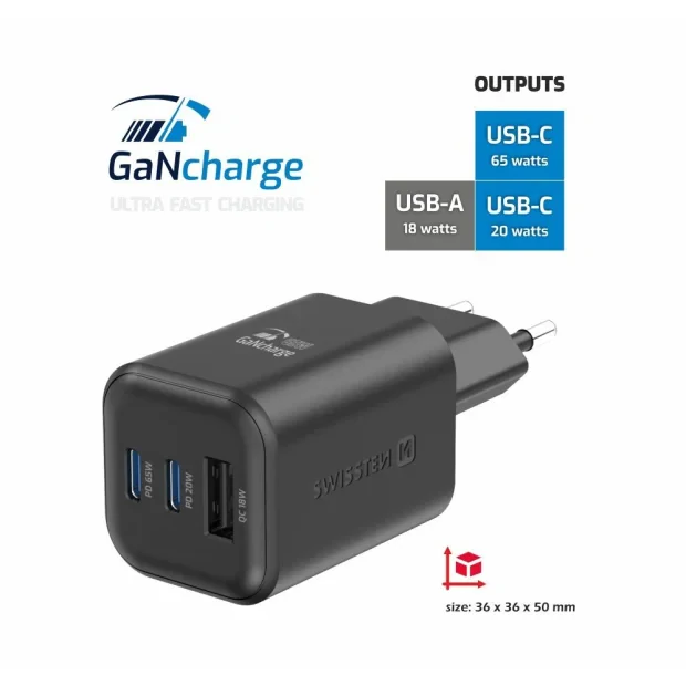 Incarcator Retea Swissten Gan 2x USB-C 65W PD+1XUSB-A 65W Negru