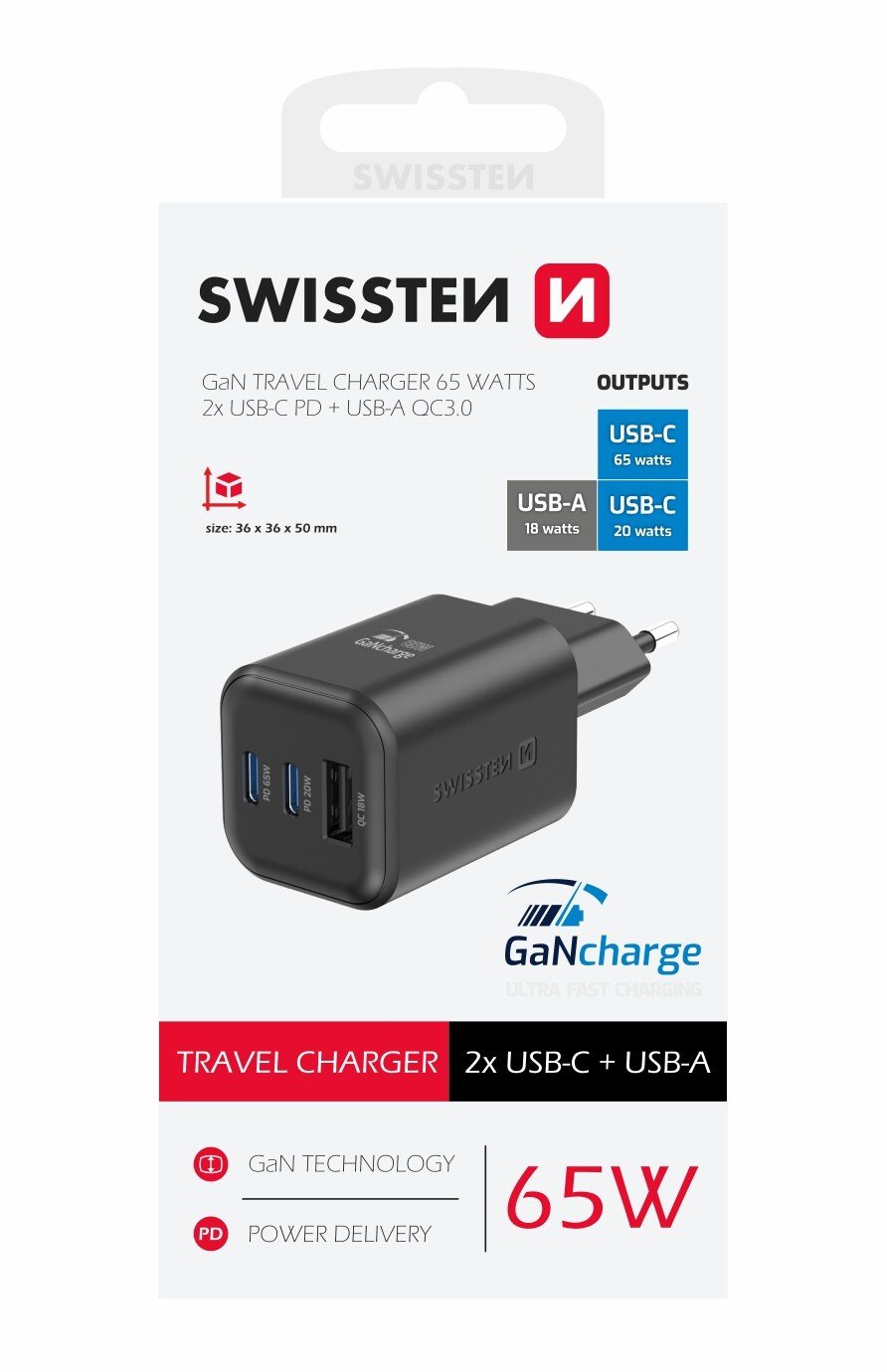 Incarcator Retea Swissten Gan 2x USB-C 65W PD+1XUSB-A 65W Negru thumb
