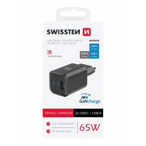 Incarcator Retea Swissten Gan 2x USB-C 65W PD+1XUSB-A 65W Negru