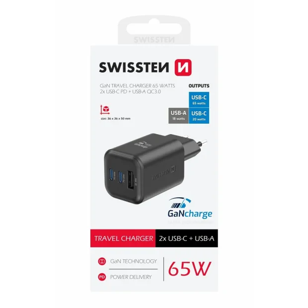 Incarcator Retea Swissten Gan 2x USB-C 65W PD+1XUSB-A 65W Negru