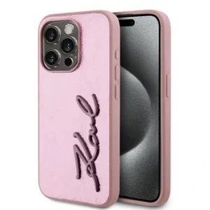Husa Spate Karl Lagerfeld Wrinkled PU Signature Logo pentru iPhone 15 Pro Max Roz