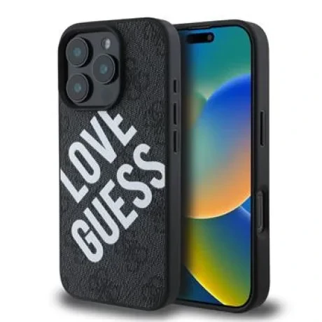 Husa Spate Guess PU 4G Big Love Logo MagSafe pentru iPhone 16 Pro Max Negru