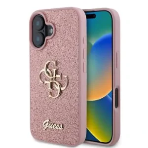 Husa Spate Guess PU Fixed Glitter 4G Metal Logo pentru iPhone 16 Roz