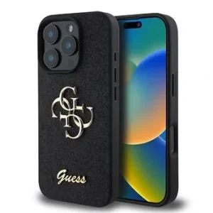 Husa Spate Guess PU Fixed Glitter 4G Metal Logo pentru iPhone 16 Pro Max Negru