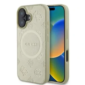 Husa Spate Guess Saffiano Bujor Stamp MagSafe pentru iPhone 16 Auriu