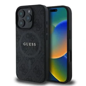 Husa Spate Guess PU 4G cu inel colorat MagSafe pentru iPhone 16 Pro Max Negru