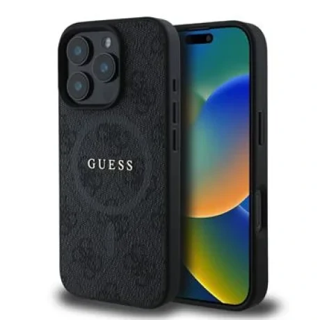 Husa Spate Guess PU 4G cu inel colorat MagSafe pentru iPhone 16 Pro Max Negru